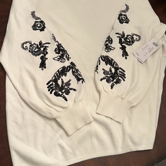 NWT- Chico’s- Cream Sweater with Black Embroidery/sequins on sleeves - Picture 2 of 4